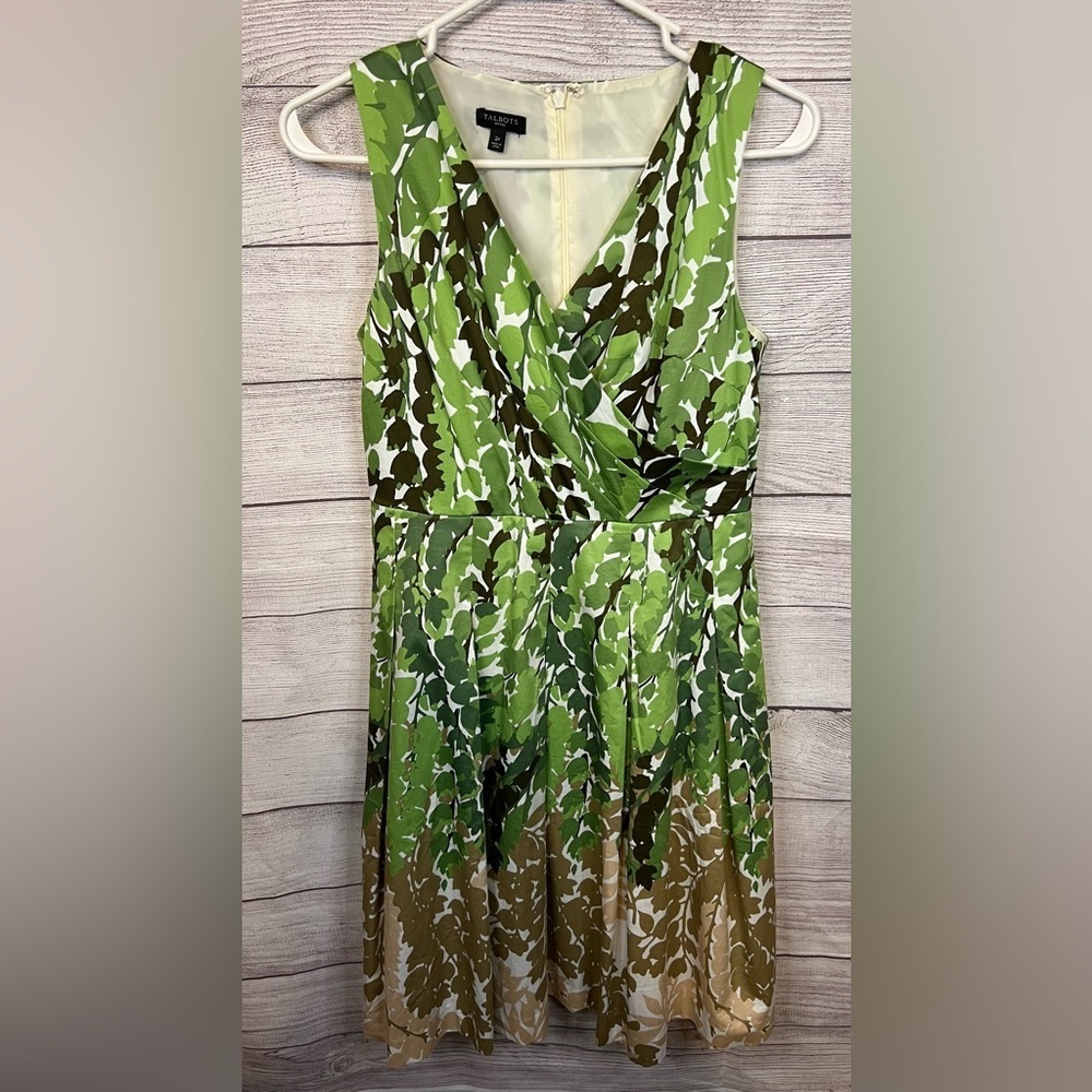 Talbots Petites Green Leaf Print Fit & Flare Dress 2P
